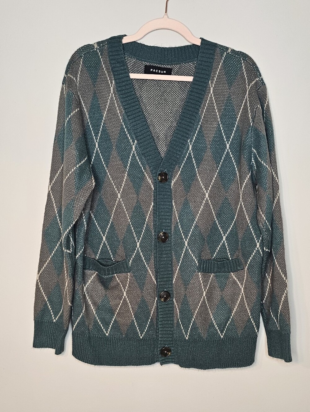 PacSun Button Front V Neck Cardigan Sweater Men's Medium Green Argyle Oversized